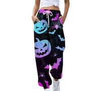 Womens Joggers Size 14 Ladies Leisure Wear Good Luck Gifts Spring Halloween Fashion Women Loose Breathable Casual Pants Pumpkin Bat Print Side Pockets Drawstring Ladies Casual Pants Clearance Store