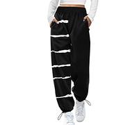 Womens Joggers with Pockets Cuffed Casual High Elastic Waist Wide Leg Sweatpants Baggy Thin Lightweight Tracksuit Bottoms Leisure Soft Fashion Lounge Trousers Breathable Sports Track Pants Black