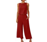 Women's Jogging Suit, 2-Piece Outfit, Plain Linen Suit, Two-Piece Set, Cotton Linen Tank Tops and Seven Point Trousers with Wide Legged Loose Sleeveless Crop Top, Sports Suit, Leisure Suit, Homewear,
