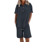 Womens Jogging Suits 2 Piece Womens Cotton Linen Co Ord Sets Summer 2 Piece Airport Outfits Plus Size Short Sleeve Button Up Henley Tops and Wide Leg Bermuda Shorts Travel Leisure Loungewear Tracksuit