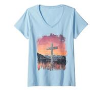 Womens John 3:16 KJV Resurrection Sunday Cross of Jesus Grunge V-Neck T-Shirt