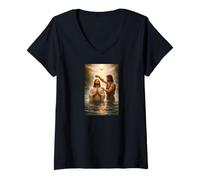Women's John The Baptist Baptizing Jesus Sacred Biblical Moment V-Neck T-Shirt