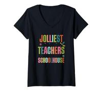 Womens Jolliest Bunch of Teachers Schoolhouse V-Neck T-Shirt