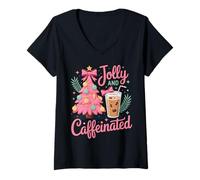 Womens Jolly and Caffeinated Coffee Lovers Christmas Cheer V-Neck T-Shirt