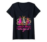 Womens Jolly Cowgirl | Western Leopard Print Holly Christmas Tree V-Neck T-Shirt