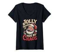 Womens Jolly Enough to Hide My Chaos Funny Santa Design V-Neck T-Shirt