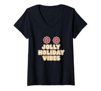 Womens Jolly Holiday Vibes Celebration Season Christmas Retro V-Neck T-Shirt