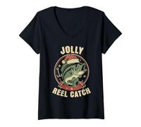 Womens Jolly Reel Catch Funny Fishing Humor Christmas Angler V-Neck T-Shirt