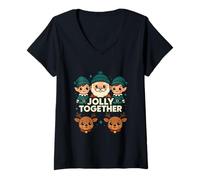 Womens Jolly Together Retro Santa Elves Reindeer Christmas Art V-Neck T-Shirt