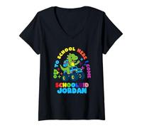 Womens Jordan Schoolchild Personalized Back to School Dino Truck V-Neck T-Shirt