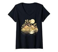 Women's Joshua Tree Desert Moon Reflection Landscape V-Neck T-Shirt
