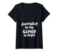 Womens Journalist by Day Gamer by Night News Writer Journalism Gear V-Neck T-Shirt