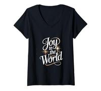Womens Joy to The World Christmas Carol Starburst Lettering V-Neck T-Shirt