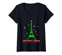 Womens Joyeux Noel French Paris Eiffel Tower Merry Christmas Xmas V-Neck T-Shirt