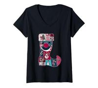Womens Joyful Holiday Patchwork Cheerful Stocking V-Neck T-Shirt