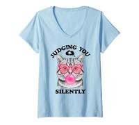Womens Judging You Silently Funny Cat Blowing a Bubble Gum Cat Mom V-Neck T-Shirt