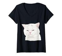 Women's Judgy Cat Funny Grumpy White Cat Unimpressed Lover V-Neck T-Shirt