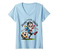 Womens Jugamos con Alma y Corazón - Día de los Muertos Soccer Skull V-Neck T-Shirt