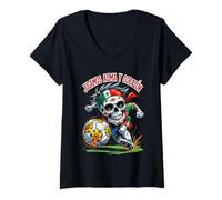 Womens Jugamos con Alma y Corazón - Día de los Muertos Soccer Skull V-Neck T-Shirt
