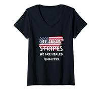 Womens July 4th Bible Verse by Jesus Stripes WE are Healed V-Neck T-Shirt