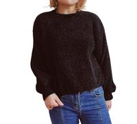Women's Jumper Crewneck Chenille Warm Pullover Tops for Woman Casual Lantern Long Sleeve Fall Winter Plain Elegant Sweater Cuff Sleeves Loose Fit Solid Color Lightweight Comfort Sweatshirts Black