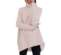 Womens Jumper Dress Long Sleeve Chunky Knitted Long Sweater Top Ladies Turtleneck Pullover Knitted Oversized Jumper Mini Dress Top Knit Baggy Sweater Jumper Dress Loose Fit Ribbed Stretchy Pink