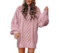 Womens Jumper Dress Oversized Cable Knit Long Jumpers Autumn Winter Warm Crew Neck Pullover Crochet Sweaters Dress Plus Size Longline Jumpers Dressy Casual Knitwear,Pink1,XXL