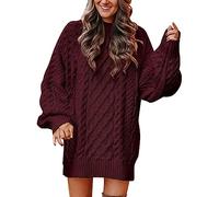 Womens Jumper Dress Oversized Cable Knit Long Jumpers Autumn Winter Warm Crew Neck Pullover Crochet Sweaters Dress Plus Size Longline Jumpers Dressy Casual Knitwear,Wine,S