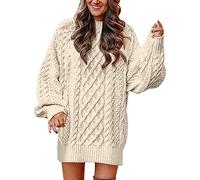 Womens Jumper Dress Oversized Cable Knit Long Jumpers Autumn Winter Warm Crew Neck Pullover Crochet Sweaters Dress Plus Size Longline Jumpers Dressy Casual Knitwear,Beige,XXL