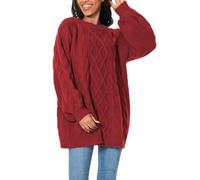 Womens Jumper Dress Oversized Cable Knit Long Jumpers Autumn Winter Warm Crew Neck Pullover Crochet Sweaters Dress Plus Size Longline Jumpers Dressy Casual Knitwear,Za-Wine,3XL