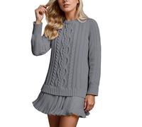 Women's Jumper Dress with Lace Skirt Knitted Sweater Dress Cable Knit Elegant Autumn Comfortable Warm Wool Jumper Round Neck Pleated Patchwork Dress Tunic Top Pullover Soft Stretch Daily Wear Outfit