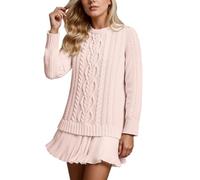 Women's Jumper Dress with Lace Skirt Knitted Sweater Dress Cable Knit Elegant Autumn Comfortable Warm Wool Jumper Round Neck Pleated Patchwork Dress Tunic Top Pullover Soft Stretch Daily Wear Outfit