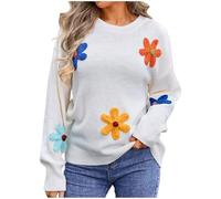 Womens Jumper Floral Knitted Sweaters Ladies Crewneck Long Sleeve Tops Oversized Lightweight Shirts Fall Winter Comfort Pullover Casual Loose Sweatshirt Elegant Basic Tunic Blouses White