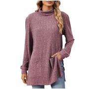 Womens Jumper Turtle Neck Knit Ribbed Sweater Long Sleeve Pullover Elegant Warm Fleece Sweatshirt Ladies Thermal Tops with Pockets Longline Slouchy Tunics Knitwear Autumn Winter Clothes