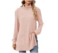 Womens Jumper Turtle Neck Knit Ribbed Sweater Long Sleeve Pullover Elegant Warm Fleece Sweatshirt Ladies Thermal Tops with Pockets Longline Slouchy Tunics Knitwear Autumn Winter Clothes