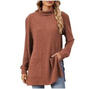 Womens Jumper Turtle Neck Knit Ribbed Sweater Long Sleeve Pullover Elegant Warm Fleece Sweatshirt Ladies Thermal Tops with Pockets Longline Slouchy Tunics Knitwear Autumn Winter Clothes