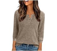 Women's Jumpers 3/4 Sleeve V Neck Button Knit Sweater Jumpers Lightweight Ribbed Stripe Tunic Sweater Tops Elegant Casual Knitted Pullover Comfortable XL Khaki