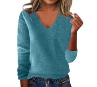 Women's Jumpers Autumn Fine Knit Pullover Lightweight Long Sleeves Solid Color V-Neck Knitwear Comfortable Casual Basic Tunic Tops Fall Outfits, Blue, L