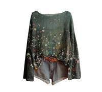 Womens Jumpers Casual Boho Floral Print Vintage Sweater Tops Graphic Baggy Slouchy Sweaters Jumper Lightweight Ribbed Knit Blouses Casaul Daily Going Out Knitwear Cricket Jumper Blackish Green