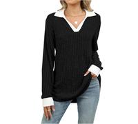 Women's Jumpers Colour-Block Sweater Light Cable Knit Pullover Loose Fit Ribbed Long Sleeves Lapel Collar Knitwear Soft Comfortable Casual Tunic Tops Fall Outfits, Black, M