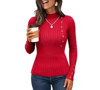 Women's Jumpers Crew Neck Long Sleeve Ribbed Knit Pullover Sweater with Decorative Button Design Fashion Slim Fit Ladies Jumpers Red XL