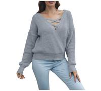 Womens Jumpers Criss Cross Knitted Sweaters V Neck Long Sleeve Tops Fall Winter Warm Pullover Loose Comfort Knitwear Elegant Solid Color Tunic Blouses Outdoor Lounge Shirts Gray