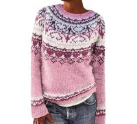 Women'S Jumpers Fair Isle Crew Neck Wool Sweaters for Women Uk Plus Zize Soft Touch Warm Classy Nordic Knitwear Fairisle Jumper Long Sleeve Retro Pattern Tunic Tops Fashion Cozy Pullover Pink