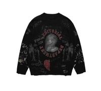 Women'S Jumpers,Graphic Knit Pullover Sweater With Loose Fit Ripped Detailing For Street Style In Fall And Winter Fashion