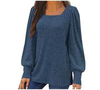 Women's Jumpers Knitted Ribbed Split Hem Sweater Lantern Sleeve Shirts Loose Tunic Tops for Women Lightweight Knitwear Soft Pullover Square Neck Solid Color Casual T-shirt Tops Fall Sweaters
