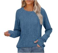 Women's Jumpers Knitted Ribbed Sweater Long Sleeve Shirts Loose Tunic Top for Women Lightweight Knitwear Pullover Round Neck Solid Color Casual Tops Fall Sweaters Plus Size Clothes Blue