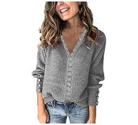 Women's Jumpers Lace V-Neck Jumper Anti-Deformation Fine Knit Pullover Solid Color Long Sleeves Knitwear Soft Comfortable Pullover Basic Casual Tunic Tops Fall Outfits, Gray, L