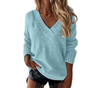 Women's Jumpers Long Sleeve V Neck Cable Knit Sweaters Plus Size Ladies Soft Cosy Sweaters Chunky Baggy Pullover Jumper Lightweight Thermal Sweatshirt Tunic Tops for Daily Blue