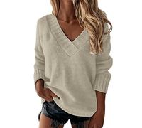 Women's Jumpers Long Sleeve V Neck Cable Knit Sweaters Plus Size Ladies Soft Cosy Sweaters Chunky Baggy Pullover Jumper Lightweight Thermal Sweatshirt Tunic Tops for Daily Khaki