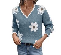 Women's Jumpers Long Sleeve V Neck Sweaters Autumn Outfits | Scalloped V-Neck, Daisy Floral Knitted, Relaxed Fit, Ribbed Cuffs, Frayed Hem, Smart Casual, Easy to Style with